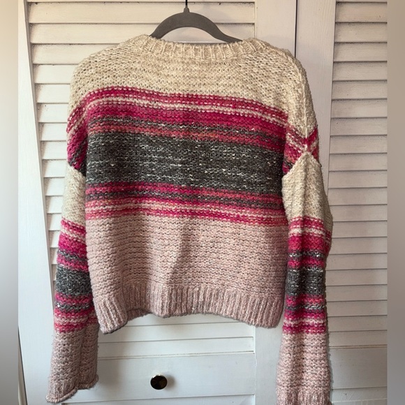 Pilcro by Anthropologie Striped Bouclé Wool Blend Sweater Pink Cream Gray Large - Picture 5 of 7